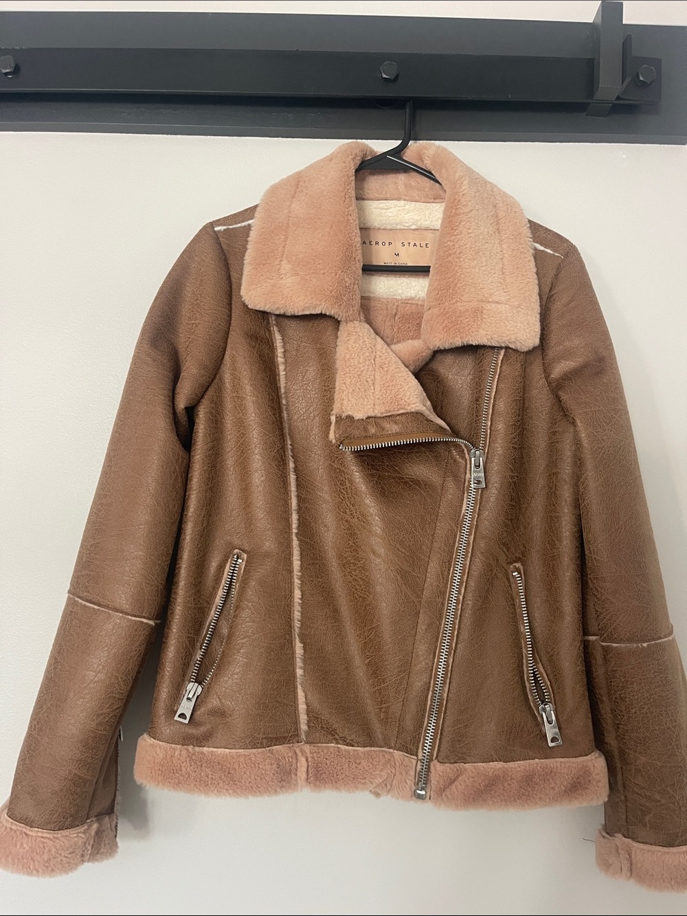 Aeropostale Brown Tan Faux Shearling Moto Jacket